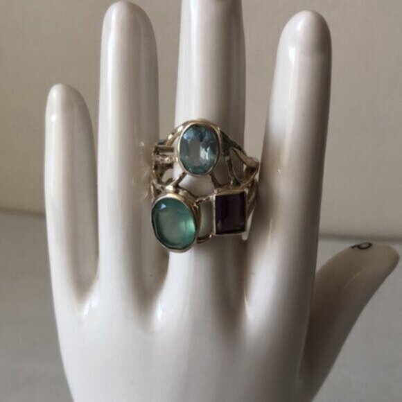 925 Sterling Silver Lacy Bezel Ring 3 Gemstones Purple, Blue & Aqua India Sz.7 - Picture 7 of 16